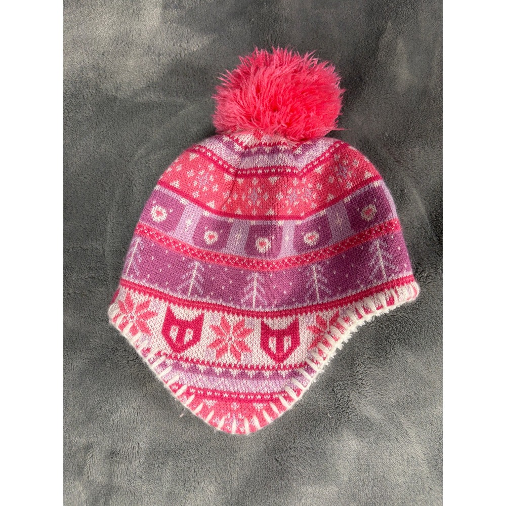 The North Face Girls Fair Isle Trapper Beanie Hat One Size Pink Purple Snowflake